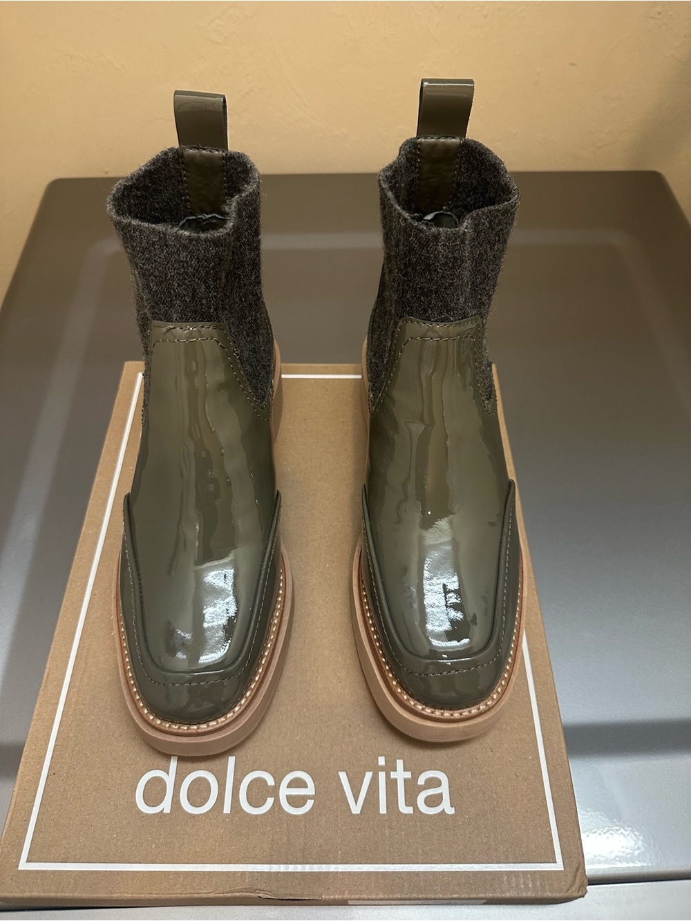Dolce Vita Olive Patent Chelsea Boots with Knit Collar